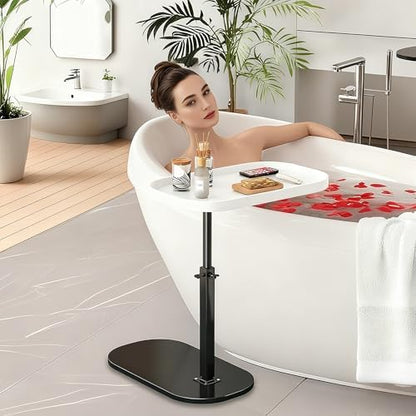 Adjustable Height C Shaped Side Table, Couch Tables that Slide Under, C Side Table Raised Edge, 360°Swivel C Shaped End Table, Small Coffee C Table, End Table for Sofa/Bed/Bathtub (Marble White)