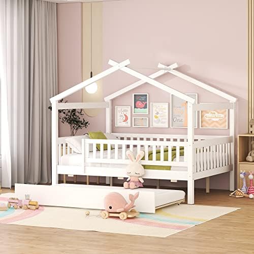 Merax Full Size Wooden House Bed with Twin Size Trundle, Wood Bed Frame with Roof and Safety Guardrail for Kids, Teens, Boys or Girls, White