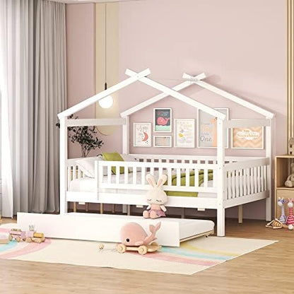 Merax Full Size Wooden House Bed with Twin Size Trundle, Wood Bed Frame with Roof and Safety Guardrail for Kids, Teens, Boys or Girls, White