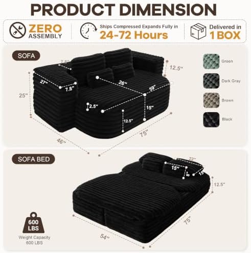 75" Folding Boneless Couch Bed, Floor Sofa Bed
