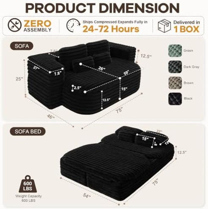 75" Folding Boneless Couch Bed, Floor Sofa Bed