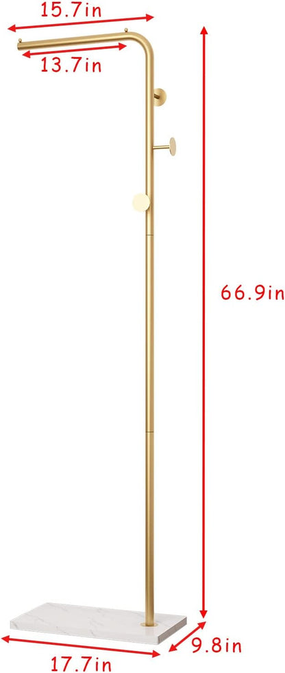 DOORXIFO Gold Coat Rack with White Base, Freestanding Entryway Rack with 3 Hooks, L Shape Home Coat Hanger for Jackets, Hats, Clothes