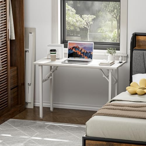 TEMI Small Computer Desk Folding Table - No Assembly, Compact 43.3" Foldable Desk with Power Outlets & USB Charging Port, Portable Small Office Desk, Ideal Mini Study Table for Narrow Spaces,White Ash