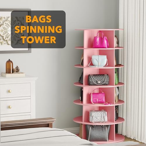 SpaceAid 6 Tier Rotating Shoe Rack Tower, Spinning Shoe Display Lazy Susan, Revolving 360 Shoe Rack Storage Round Carousel, Vertical Handbag Rotate Shoes Closet Organization (6-Tier Pink)