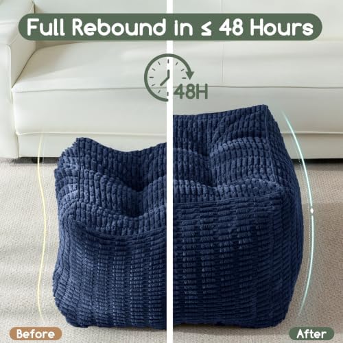 HIGOGOGO Square Stuffed Pouf Ottoman, Blended Corduroy Poufs with Foam Chunk Filling, 25.6 x 25.6 Inches Floor Poufs Foot Rest for Living Room, Navy