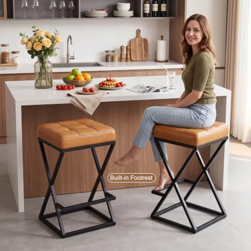 Backless Bar Stools Set of 4, 26 Inch Counter Barstools, PU Brown