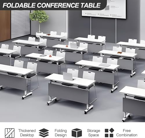 Folding Conference Room Tables, Modular Seminar Conference Table Modern Flip Top Training Meeting Tables, Conference Room Table with Wheels for Home Office Classr, 6 Pack 55.1inch