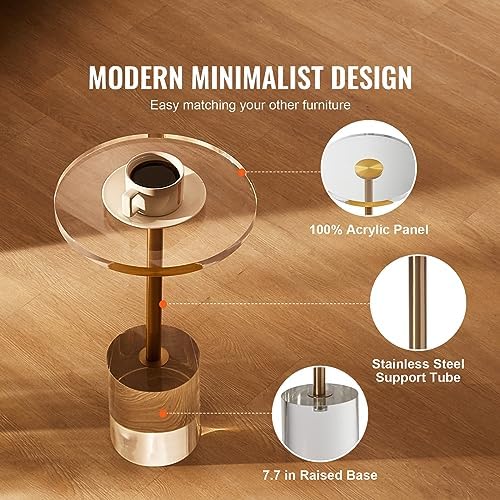 VEVOR Clear Acrylic Side Table, Modern End Table with Solid Base, φ12 inch Round Tabletop, 21 inch High, 20mm Thick, for Coffee, Drink, Food, Snack Used in Living Room, Bedroom, Office, Easy Assembly