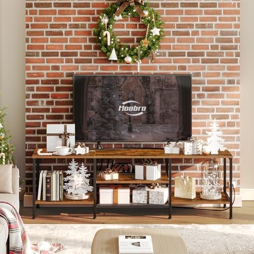HOOBRO TV Stand with Power Outlets to 75 Inches, TV Console Table with Open Storage Shelves Cabinet, Industrial Media Entertainment Center for Living Room Bedroom, Rustic Brown and Black BF80DS01
