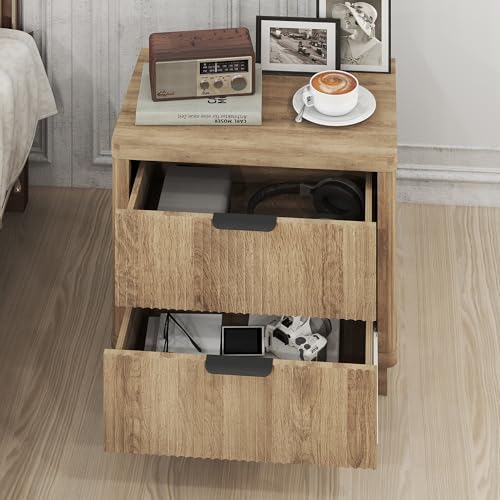 Fluted Nightstand Set of 2, Bedside Table with 2 Drawer, Modern End Table Large Wooden Oak Sofa Side Table, Night Stand for Bedroom, Small Space