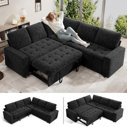 WEUP 5 Seat L Shaped Sectional Sleeper Sofa Bed with Pull Out Bed, Chenille Sectional Sleeper Couch with Adjustable Backrest, USB Ports & Storage Seat, Tool-Free Assembly, Chenille Black