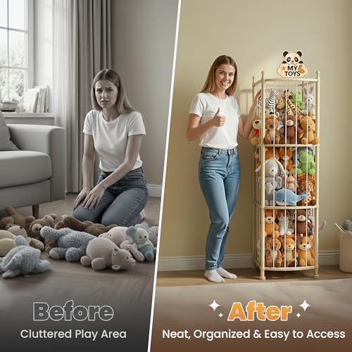 Stuffed Animal Storage Organizer, Wooden Toy Storage Organizer & Plush Storage Tower with Elastic Cords, Stuffed Animal Zoo for Kids Bedroom, Playroom & Nursery, Solid Pine, 15.7 x 15.7 x 53.5 In