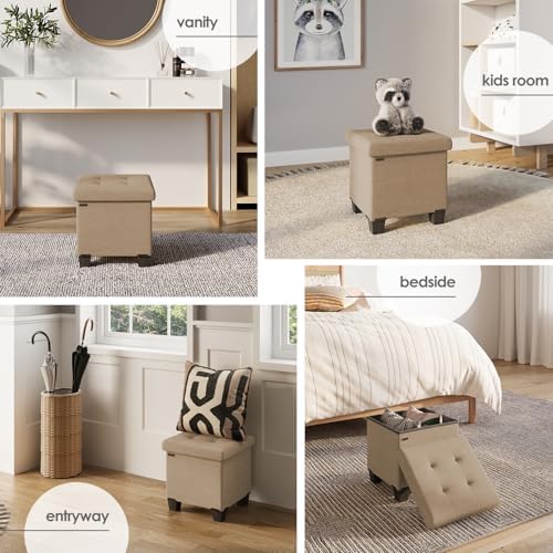 Storage Ottoman Cube with Small Bin, 15-in Square Ottoman with Storage for Living Room and Bedroom, Small Ottomans Foot Rest, Fabric Foot Stools Ottomans Max 330lbs, Taupe