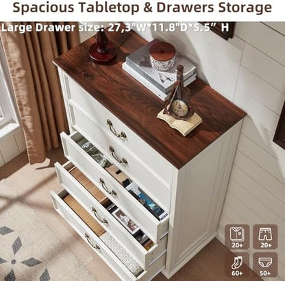 Joaxswe Farmhouse 5 Drawer Dresser for Bedroom, 45" Tall Rustic Chests of Drawers w/ 4 Solid Wood Feet, Mid Century Modern Wooden Closet Storage Dressers Organizer for Living Room, Hallway, White