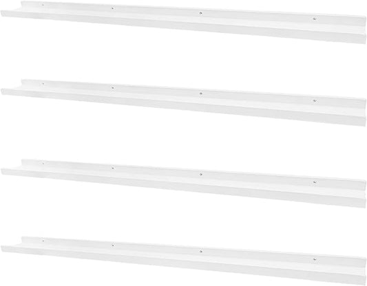 PHOENANCEE Long Floating Shelves for Wall 57 Inch,Real Wood Picture Ledge with Lip Set of 4,Photo Frame Storage Display for Living Room Nursery Bedroom Bathroom Kitchen Home Office Decor (White)
