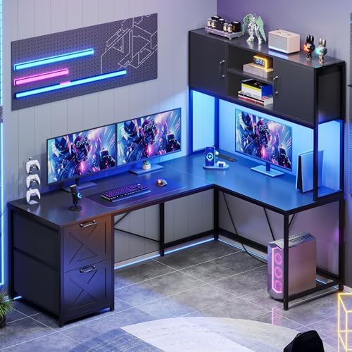 SEDETA Reversible L Shaped Corner Gaming Desk with Drawers, Led Lights