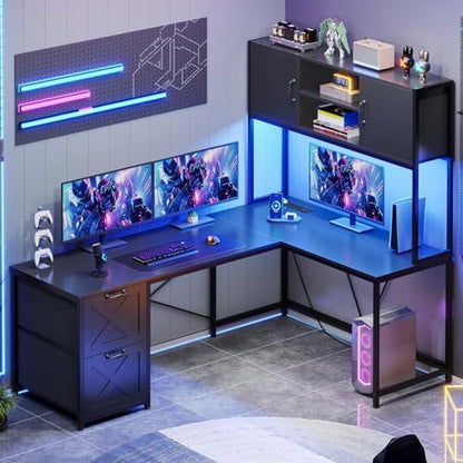 SEDETA Reversible L Shaped Corner Gaming Desk with Drawers, Led Lights