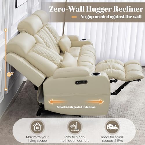 Zero Wall Hugger Power Reclining Sofa Set with Adjustable Headrest, Electric Reclining Couch with Drop-Down Table,Outlets, Power Recliner Loveseat Sofa for Living Room