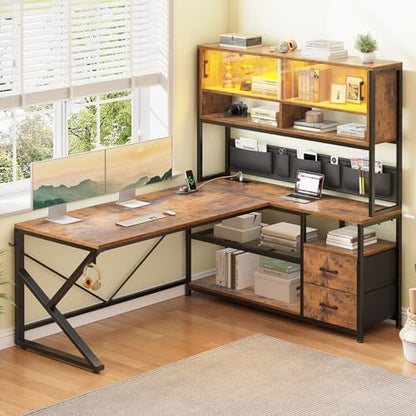 SEDETA L Shaped Office Desk with Storage Shelves, 2 Drawer, LED Light