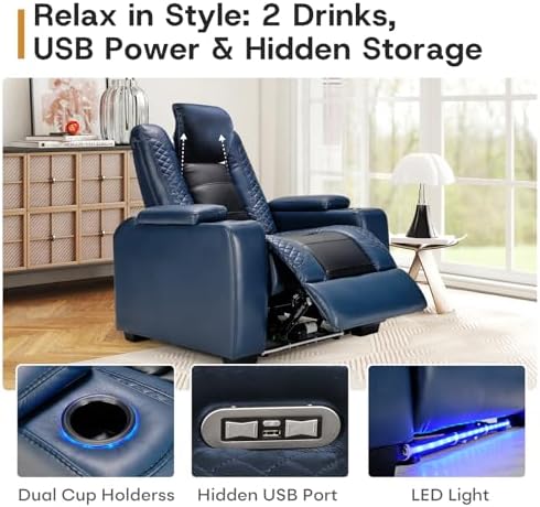 ANJ Power Home Theater Seating Set of 3, Blue Faux Leather Electric Recliner Chair with Adjustable Headrest, Dual Motors Movie Reclining Chairs with LED Lights,USB port,Cup Holders, Hidden Arm Storage