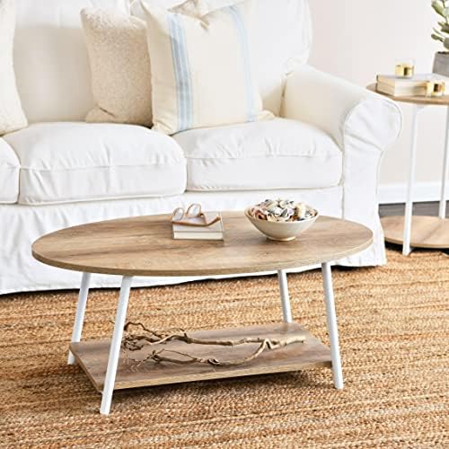 Household Essentials Oval Coffee Table with Storage Shelf in Oak Wood Grain and Black Metal Frame, Coastal Oak Finish - Size