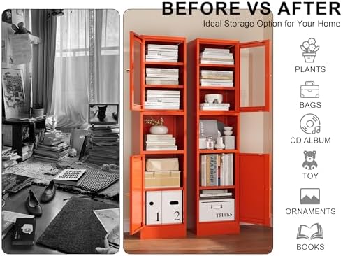 Metal Bathroom Storage Cabinet, Tall Narrow Cabinet with Glass Doors Ajustable Shelves Open Countertop, Slim Sideboard for Small Spaces, Living Room, Kicthen, Dining Room