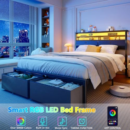 Queen Bed Frame with Storage Headboard and 4 Drawers, LED Lights