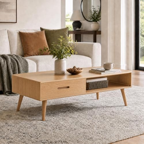 100% Solid Oak Coffee Table for Living Room, Fully Assembled, 47.24'' W