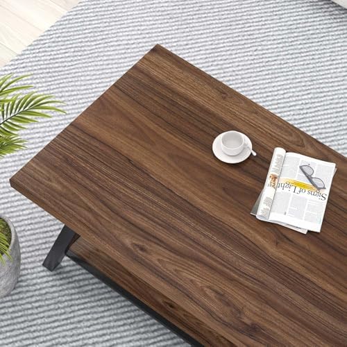 EXCEFUR Modern Coffee Table, Industrial Living Room Center Table with Storage Shelf, Rectangle Wood and Metal Cocktail Tea Table, Rustic Walnut, 47 Inch
