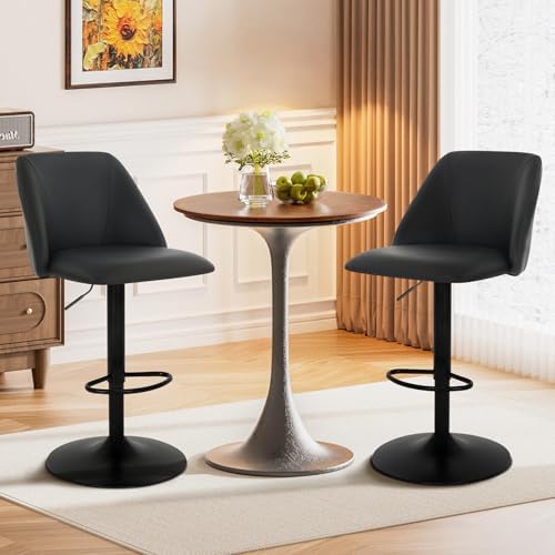 COLAMY Bar Stools Set of 3, Modern Swivel Bar Chairs, Adjustable PU Leather Upholstered Barstools Counter Height with Full Backrest for Bar, Dining Room, Kitchen Island, Black
