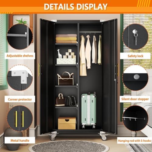 Broom Closet Storage Cabinet with Rolling, Metal Cleaning Cabinets with Hanging Rod and S-Hooks, Lockable Tool Cabinets, Utility Cabinet for Garden, Office, Laundry Room,Garage, Black