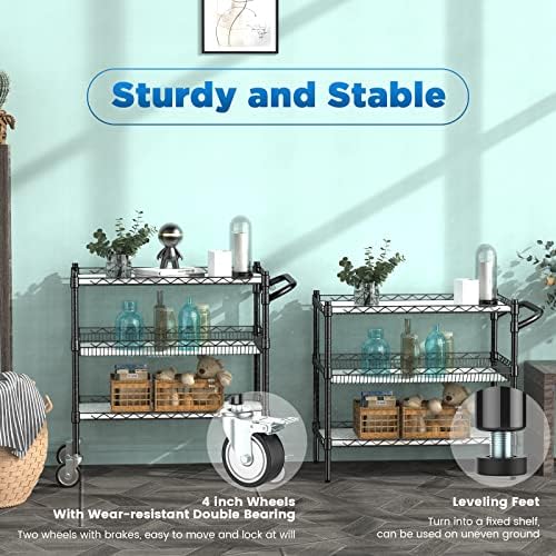 3 Tier Rolling Carts with Wheels, Heavy Duty Rolling Utility Cart