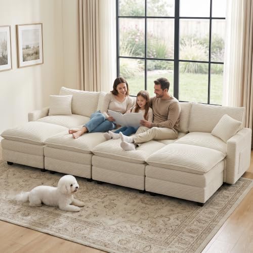 Oversized Cloud Couch Sectional, Deep Seat Modular Sofa with Ottoman, Beige