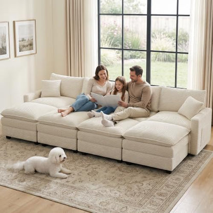 Oversized Cloud Couch Sectional, Deep Seat Modular Sofa with Ottoman, Beige