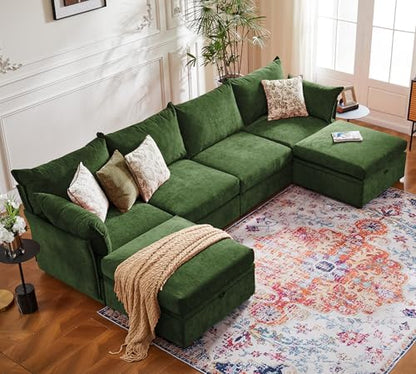 ABCASA 134.6" U Shaped Modular Sectional Couch with Washable Chenille Cover, 6 Seater Deep Seat Sofa with Storage Ottoman & Reversible Chaise for Living Room, Pet-Friendly, Green
