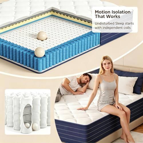 Queen Mattress, 12 Inch Hybrid Queen Mattress, Medium Firm with 7-Zone Support, Individually Pocketed Springs for Pressure Relief and Motion Isolation, Cooling Sleep, Colchones Queen