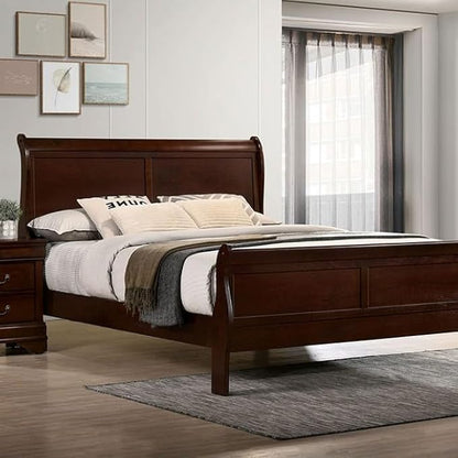 First of a Kind Louis Philippe Traditional Queen Size Bedroom Set 4 Piece Sleigh Design in Dark Cherry Finish - Elegant Classic Solid Wood Bedroom Furniture Set