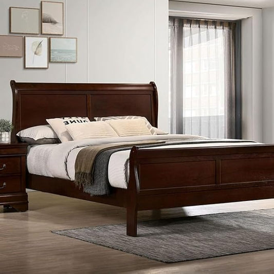 First of a Kind Louis Philippe Traditional Queen Size Bedroom Set 4 Piece Sleigh Design in Dark Cherry Finish - Elegant Classic Solid Wood Bedroom Furniture Set