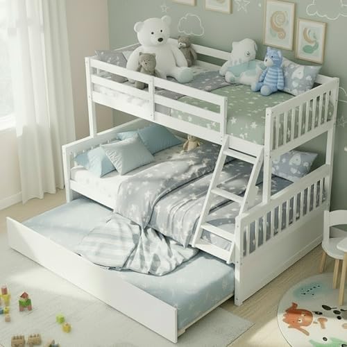 KOMFOTT Wood Twin Over Full Bunk Bed with Trundle, Bunk Bed Frame with Solid Pine Wood Frame, Space-Saving Bed Frame with Ladder & Safety Guardrails, No Box Spring Needed