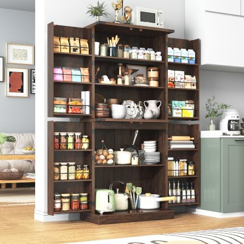 71" Tall Kitchen Pantry Cabinet, Farmhouse Tall Kitchen Storage Cabinet with Adjustable Shelves & 4 Barn Style Doors, Wooden Storage Cabinet for Kitchen, Dining Room, Living Room, Bathroom, Office