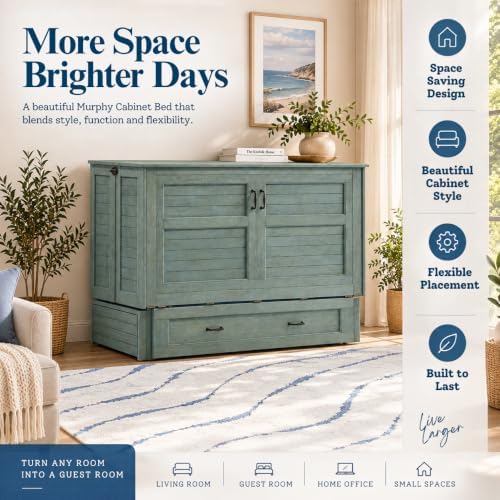 NIGHT & DAY Furniture Poppy Murphy Cabinet Bed with 6" Premium Gel Memory Foam Mattress, Queen, Antique Blue