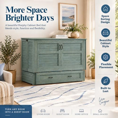 NIGHT & DAY Furniture Poppy Murphy Cabinet Bed with 6" Premium Gel Memory Foam Mattress, Queen, Antique Blue