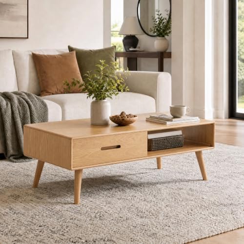 100% Solid Oak Coffee Table for Living Room, Fully Assembled, 39.37'' W