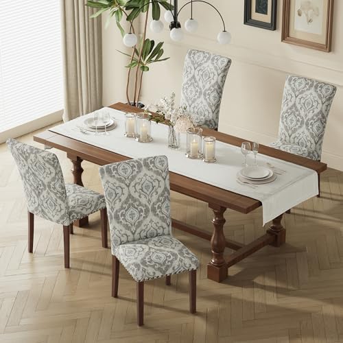 COLAMY Upholstered Dining Chairs Set of 4, Grey/White Flower