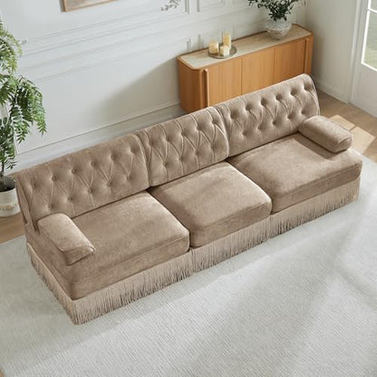 106" Velvet Chesterfield Modular Sectional Sofa, Oversized Button Tufted 3-Seater Couch with Floor-grazing Tassel Fringe Skirt and Curved Square Armrests, Easy Assembly, for Living Room, Camel