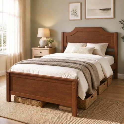 KOMFOTT Twin Size Bed Frame with Headboard, Wood Platform Bed (Walnut)