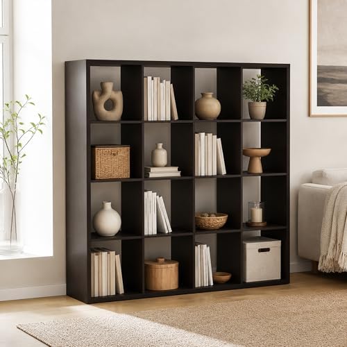 16-Cube Cubicle Bookshelf, Cube Bookcase with Open Back, Reversible Book Shelf, Cube Storage Organizer, 15 x 58 x 58, for Living Room, Home Office, Dark Oak