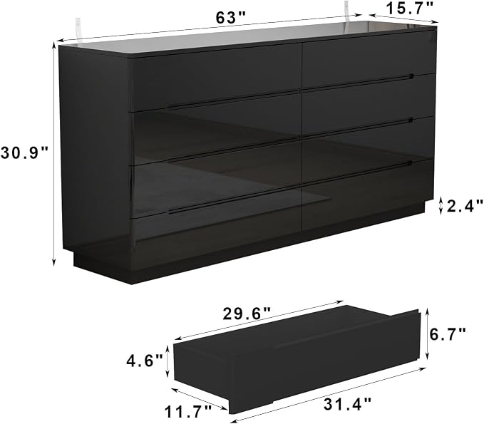 Modern High Gloss Dresser with LED Lights, 8 Drawer Dresser for Bedroom, Bottom Warm Lights, Handle-Free Design, 63" Contemporary Chest of Drawers Black 63" W x 15.7" D x 30.9" H