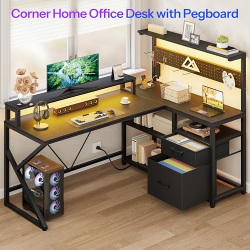 HOOBRO Computer Desk, L Shaped Desk with LED Lights and Power Outlet