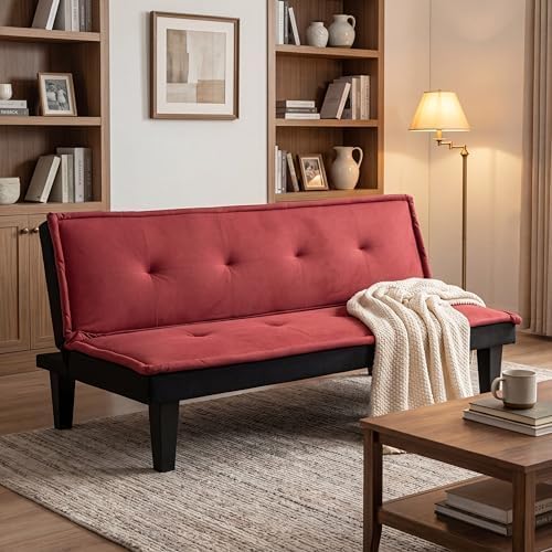 Convertible Futon Sofa Bed, Small Futon Couch with 5-Position Adjustable Backrest, Modern Sofa Bed for Small Spaces, Living Room, Bedroom, Apartment, Dark Red